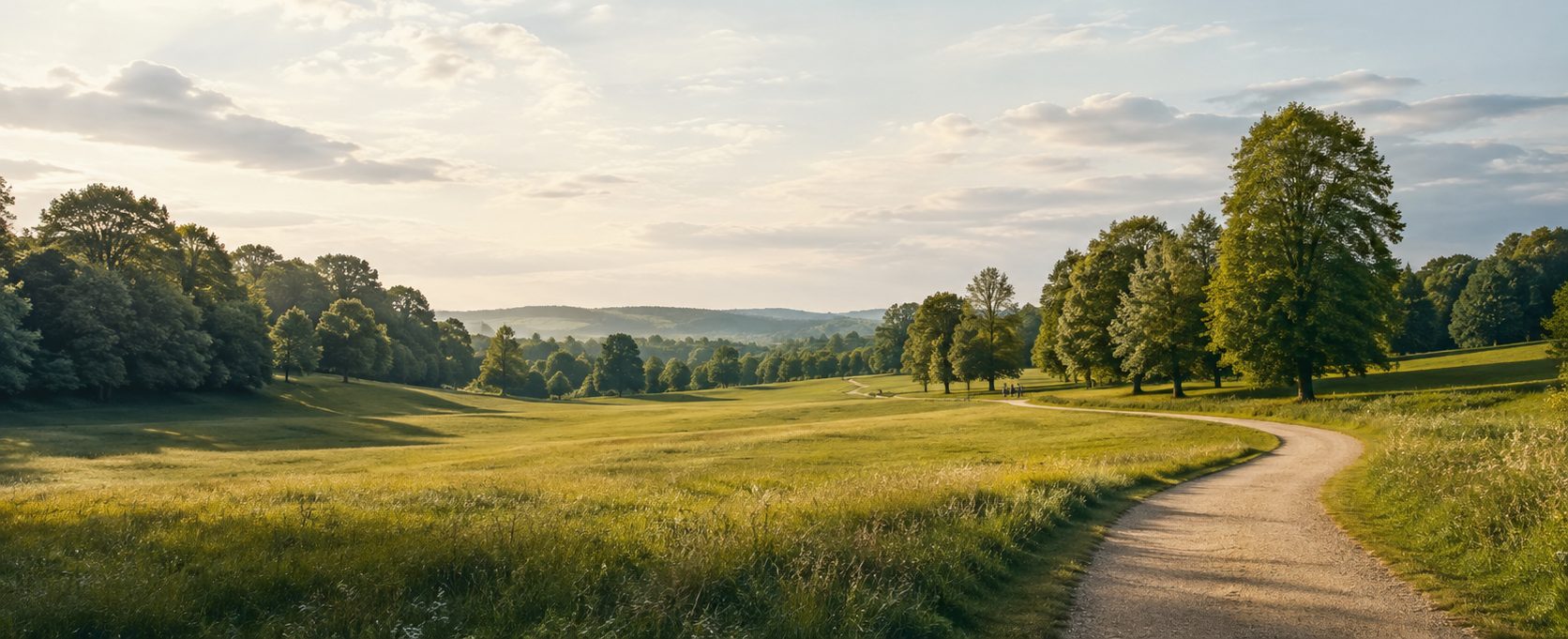 A winding path through green meadows and mature trees