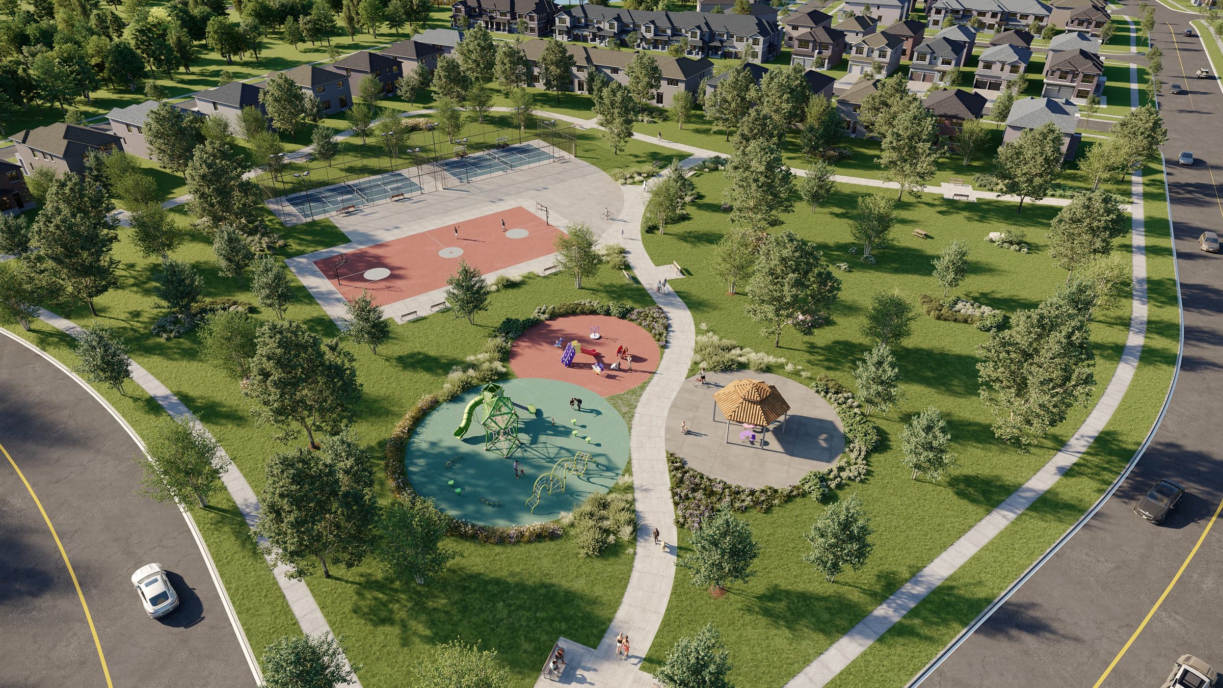 Aerial rendering of the North Hill community park with splash pad, playground and courts